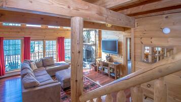 Smart TV, fireplace, books