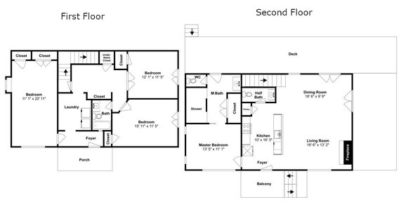 Plano de planta de una casa de dos pisos con un dormitorio principal, dos dormitorios adicionales, sala de estar, comedor, cocina, baño y un balcón.