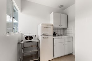 Una kitchenette compacta con un refrigerador blanco, un microondas y un lavamanos.