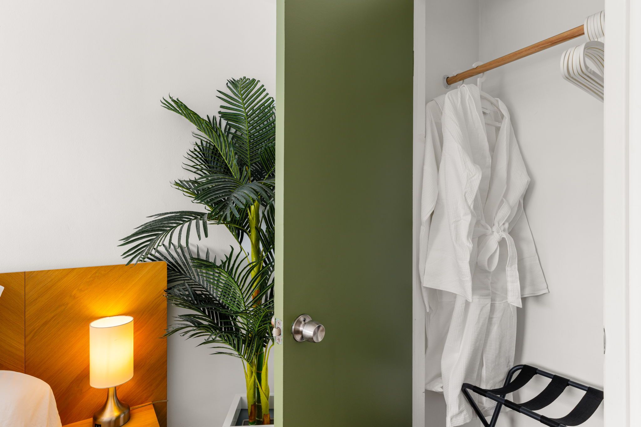 Habitación de hotel con cama, lámpara de noche, planta en maceta, bata colgada en un perchero y asiento para ducha.