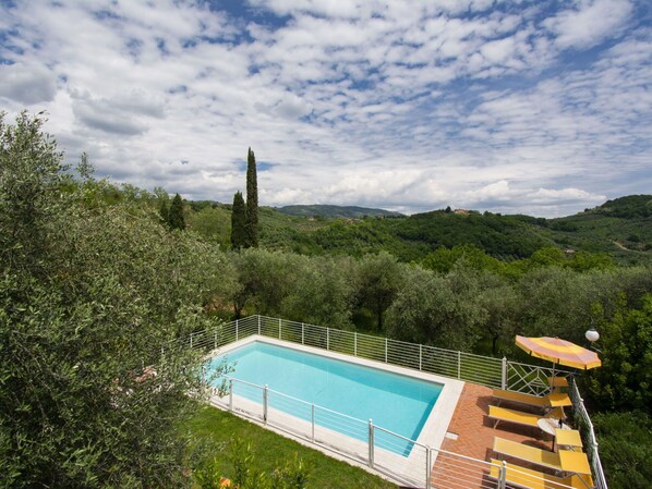 Piscina rectangular con valla blanca, rodeada de abundante vegetación y colinas al fondo.
