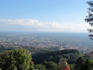 A panoramic view of a city from a high vantage point, featuring a mix of urban and green areas.