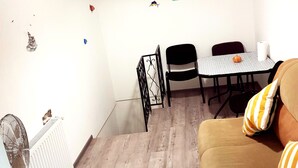 Um espaço compacto com área de refeições, um sofá e um radiador.