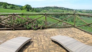 Eine Terrasse mit Blick auf einen Weinberg und Hügel, mit Holzlattenzaun und zwei Liegestühlen.