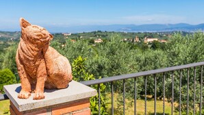 A terracotta cat statue on a balcony with a view of a vineyard and distant mountains. - Wonderful private villa for 5 guests with WIFI, private pool, TV, terrace and panoramic view (Impruneta)