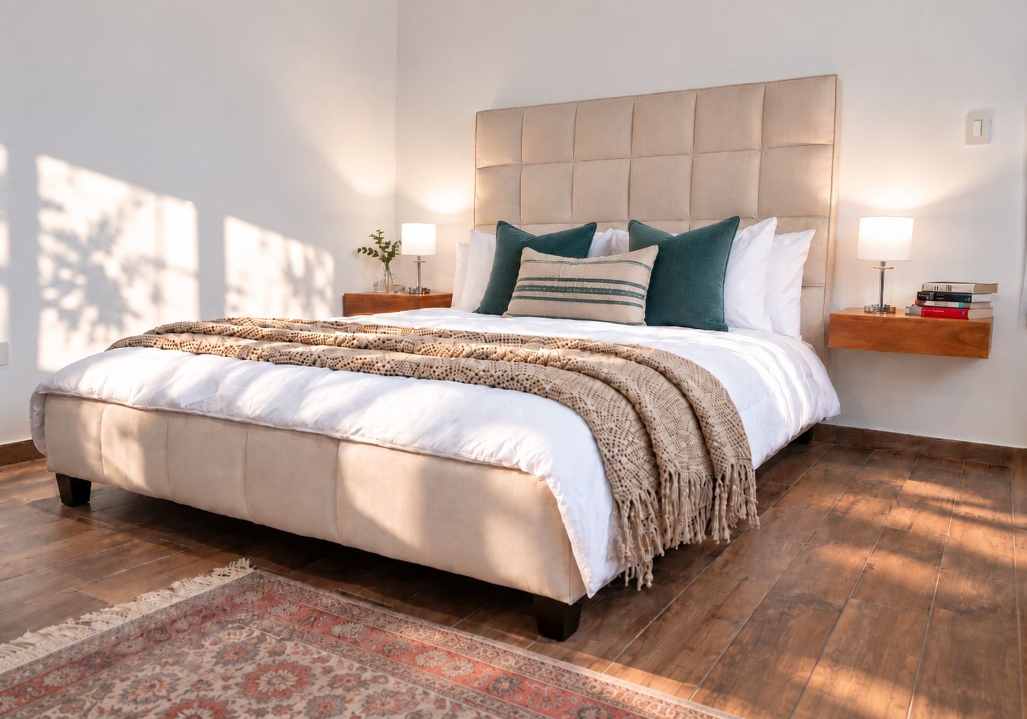 Un dormitorio con una cama grande, cabecera, mesitas de noche, alfombra y una mesita auxiliar con libros.