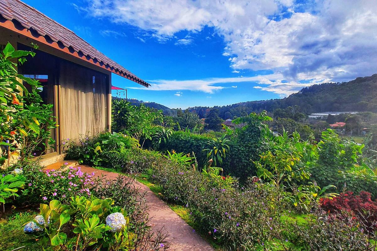 A rustic house with a tiled roof, surrounded by lush gardens and a clear blue sky.
