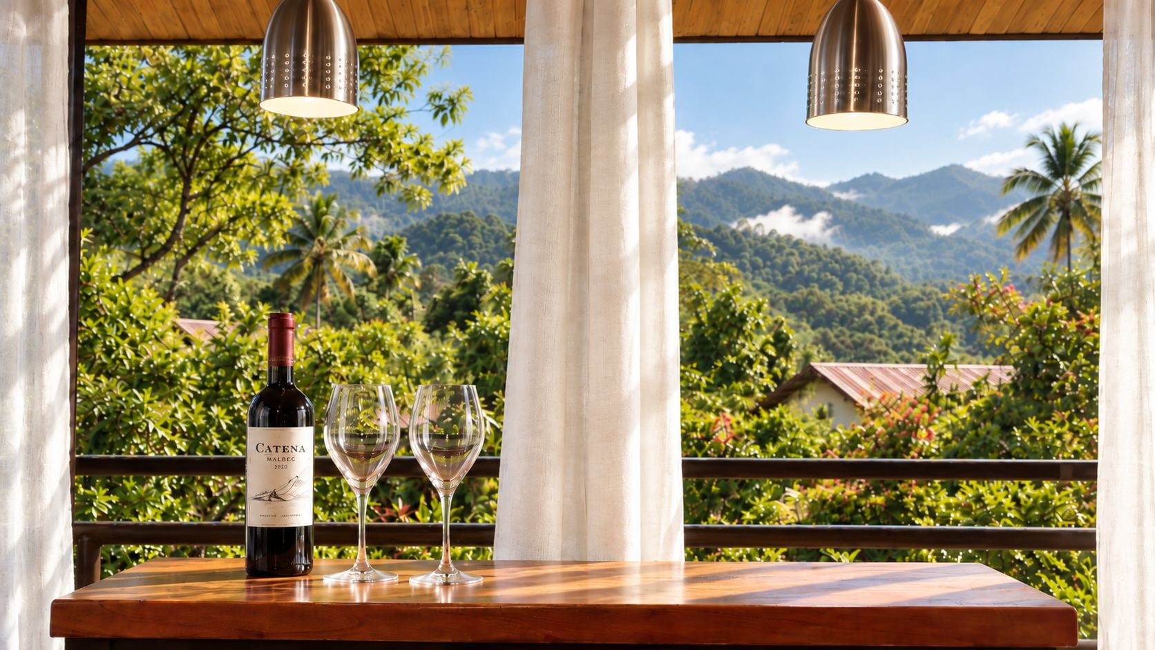 Une table avec une bouteille de vin et deux verres, placée devant un paysage montagneux pittoresque.