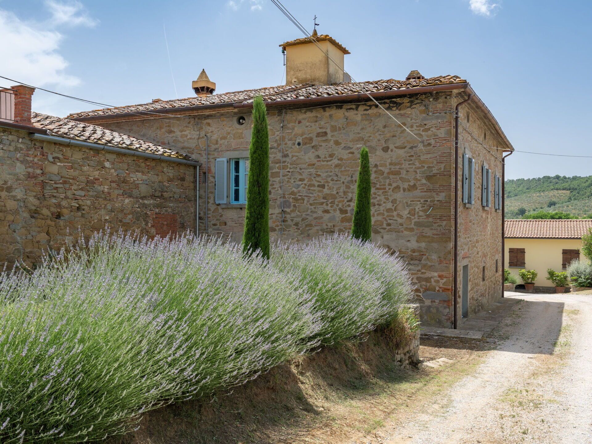 Un bâtiment en pierre avec un toit en tuiles, deux grands arbres et un chemin de gravier.