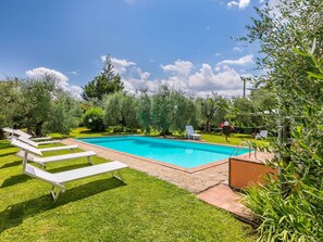 Piscina rectangular con agua azul cristalina, rodeada por un césped cuidado y varias árboles.