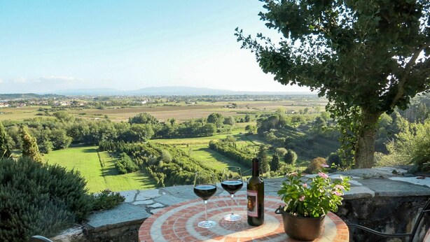 A round table with a tiled top, two wine glasses, a bottle, and a potted plant, set against a scenic countryside view. - Beautiful private villa for 9 guests with WIFI, A/C, private pool, TV, terrace and pets allowed (Buti)