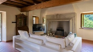 A living room with a white sofa, a television, a fireplace, and a large window with a view of trees. - Stunning private villa for 10 guests with WIFI, private pool, TV, patio and pets allowed (Londa)