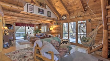 TV, fireplace, books