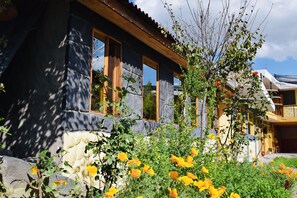 A building with large windows, a stone facade, and a garden with yellow flowers.
