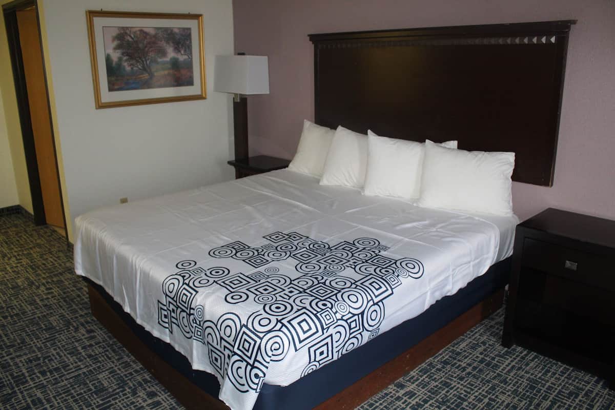 A neatly made bed with a patterned bedspread, a dark headboard, a bedside lamp, and a framed picture on the wall.