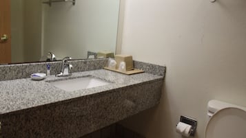 Un baño con encimera de granito, lavabo, espejo y retrete.