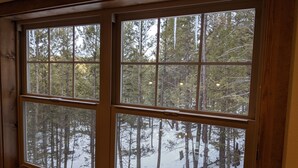 A window with a view of a snowy forest. - Whispering Pines - LUXURY Cabin-Hot Tub, Fireplace, Huge Deck, Pool Tbl, 6 Acres (Florissant)