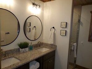 Combined shower/bathtub, hair dryer, towels, toilet paper