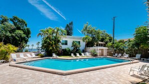 A rectangular swimming pool with a tiled deck, surrounded by lounge chairs and palm trees. - Best Value on Manasota Key and Steps to Lemon Bay (Englewood)