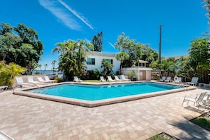 A rectangular swimming pool with a tiled deck, surrounded by lounge chairs and palm trees.