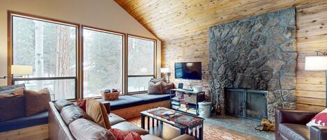 Télévision, cheminée, lecteur de DVD