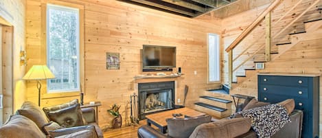 TV, fireplace, DVD player, books