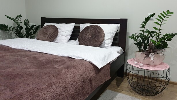 A neatly made bed with a brown blanket, two pillows, and a white duvet. There is a potted plant on a pink side table beside the bed. - apartments are located in a quiet area near the park. there are 2 restaurants (Lviv)