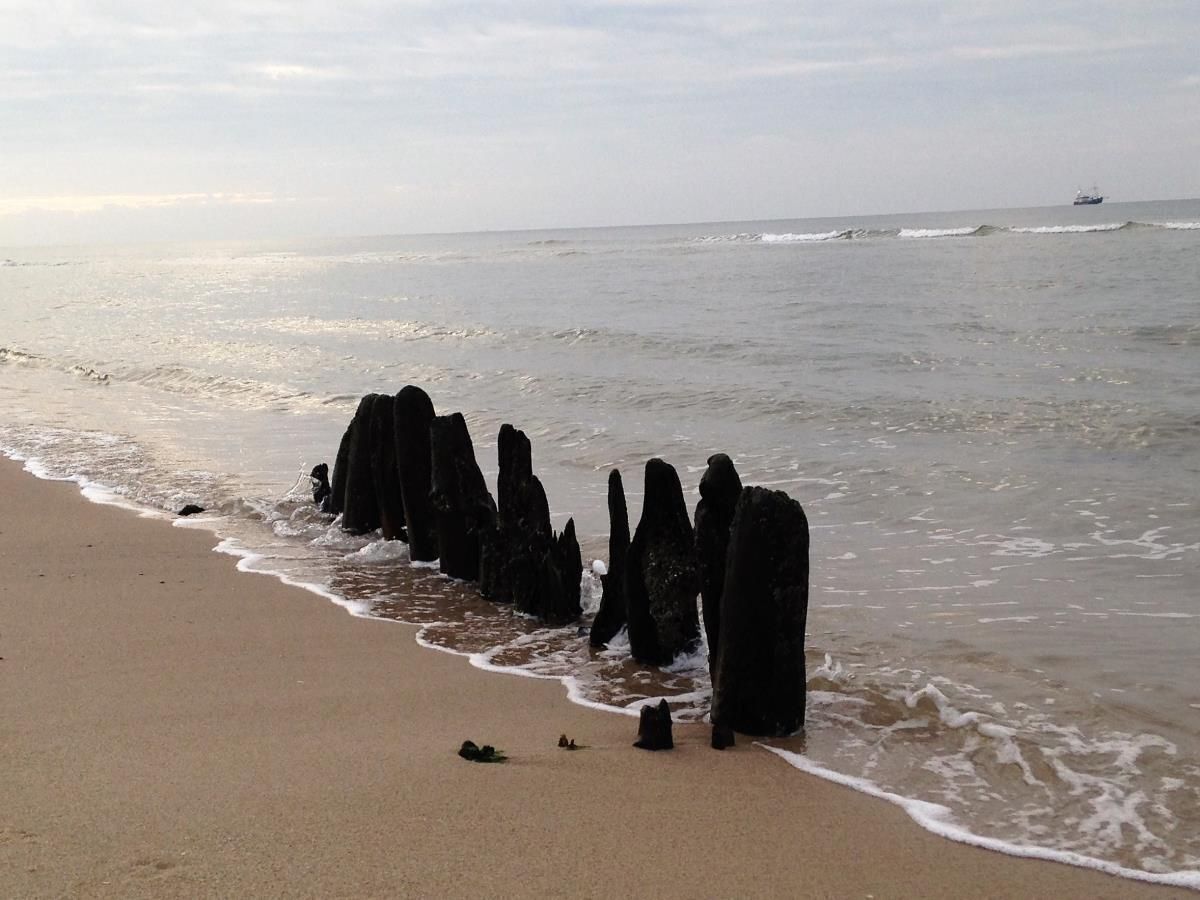 A beach with prominent rock formations near the shore.