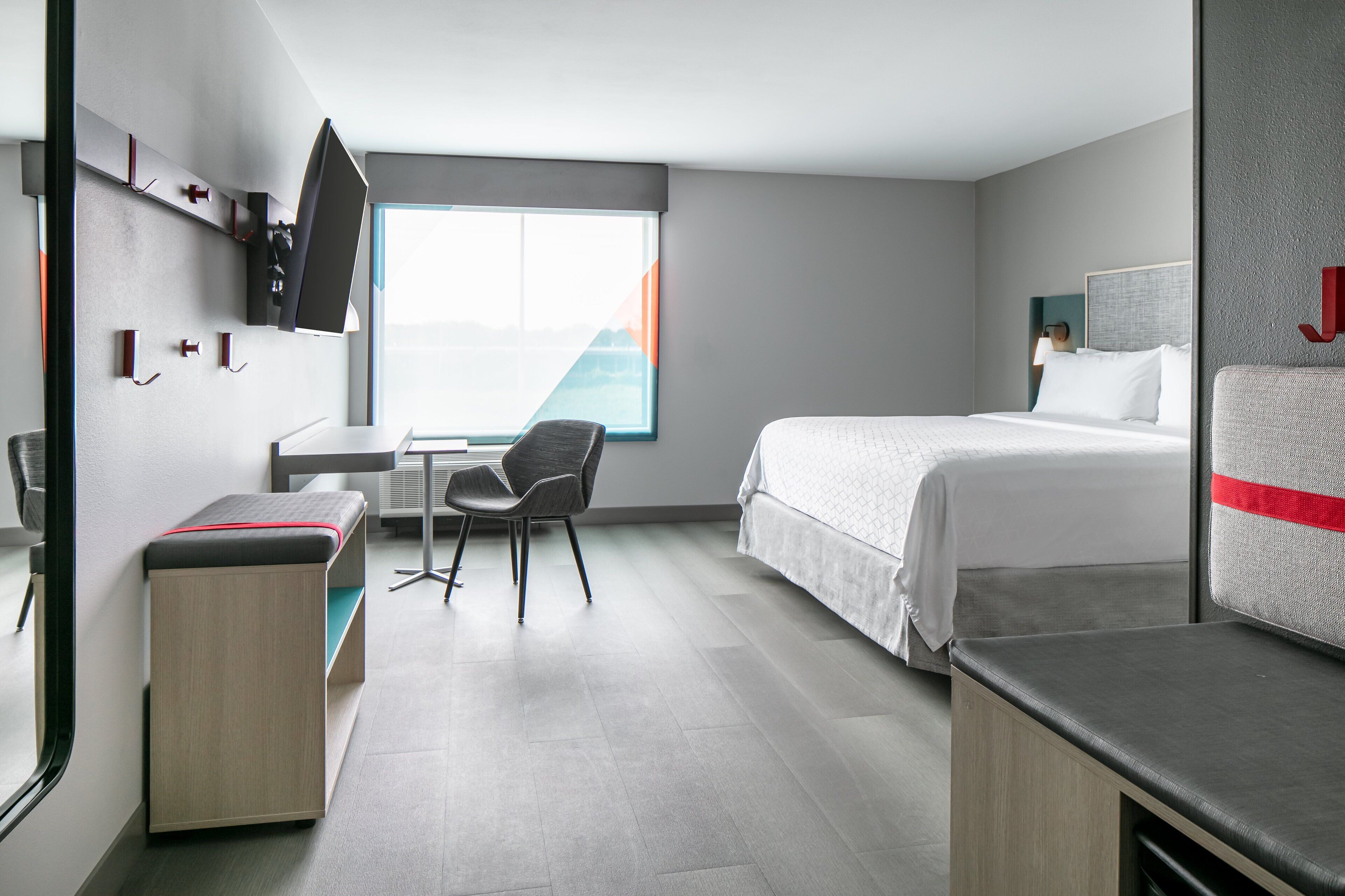 desk, laptop workspace, blackout curtains, iron/ironing board