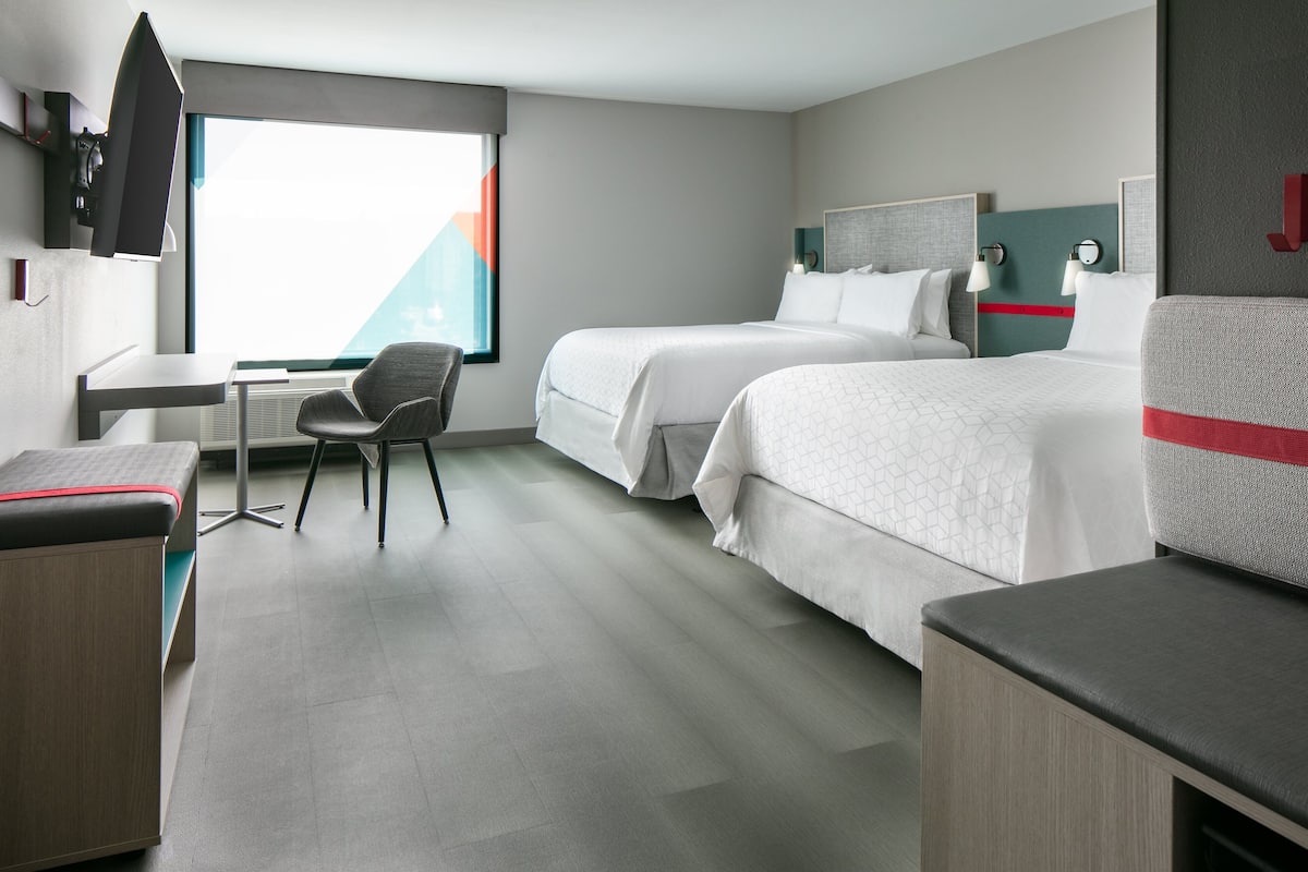 Desk, laptop workspace, blackout curtains, iron/ironing board