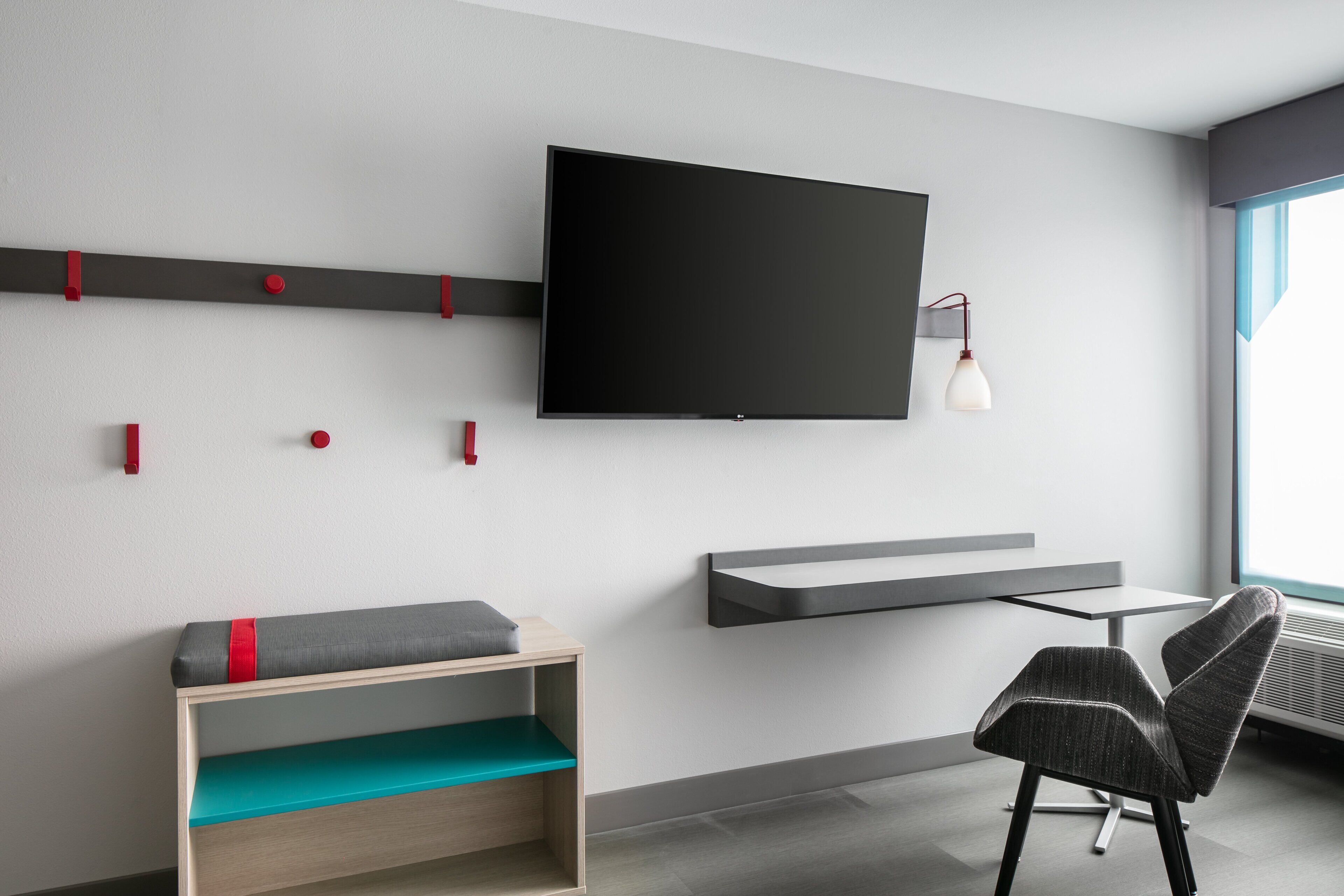 desk, laptop workspace, blackout curtains, iron/ironing board