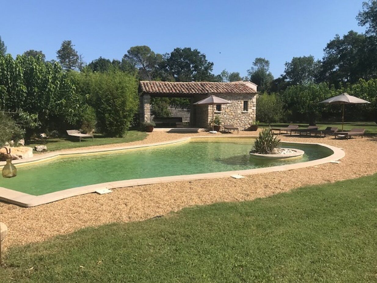 Ein Pool mit einer Steinstruktur im Hintergrund, umgeben von einer Rasenfläche und Bäumen.