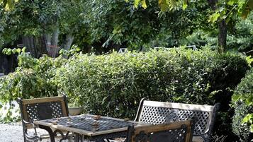 Un espace extérieur aménagé avec deux chaises en métal et une table, entouré de gravier et d’un sol recouvert de feuilles, sous un arbre.