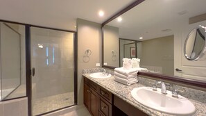 Combined shower/bathtub, jetted bath, towels, toilet paper