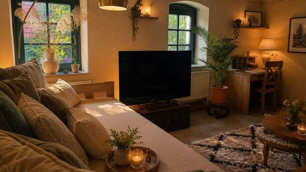A cozy living room with a sofa, TV, and a dining area with a table and chairs.