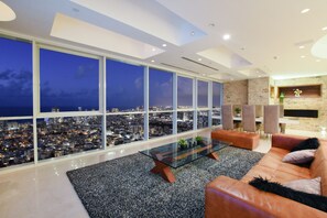 Luxury Apartment, City View, Tower | Living area | 80-inch flat-screen TV with cable channels, TV, fireplace - Tower Sea View Luxury 32 Floor Apartment (Tel Aviv)