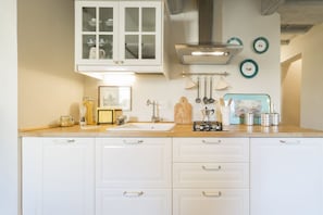 Fridge, stovetop, dishwasher, coffee/tea maker