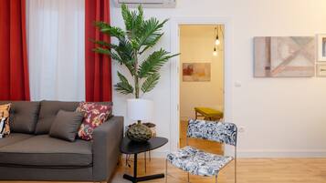 Smart TV, fireplace, books