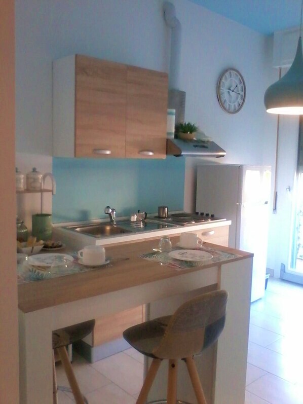 Kühlschrank, Ofen, Herdplatte, Wasserkocher mit Kaffee-/Teezubehör