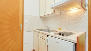 Fridge, stovetop, toaster, cookware/dishes/utensils