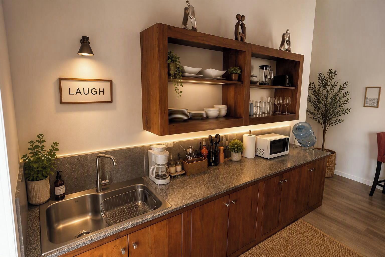 Una cocina moderna con un lavaplatos integrado, armarios de madera, una encimera con diversos electrodomésticos y una repisa con vajilla y una planta en maceta.