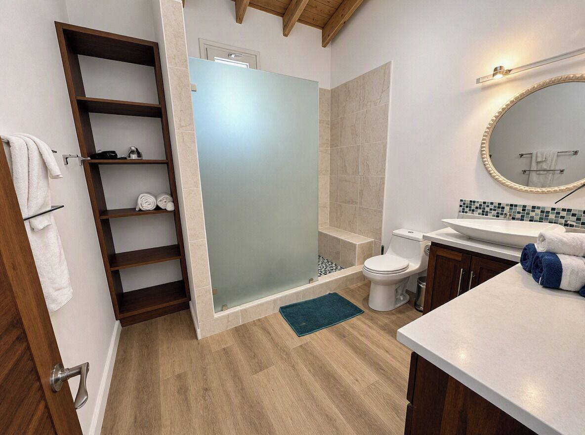 Hair dryer, towels, soap, shampoo