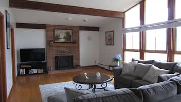 Una Smart TV, una chimenea, un reproductor de DVD