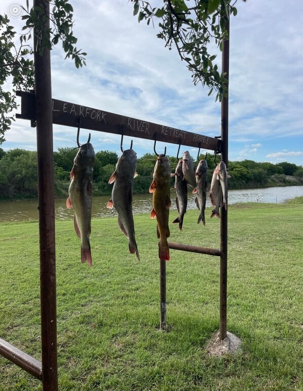 A fishing rod rack with several fish hanging from it, set against a grassy field with a river and trees in the background.
