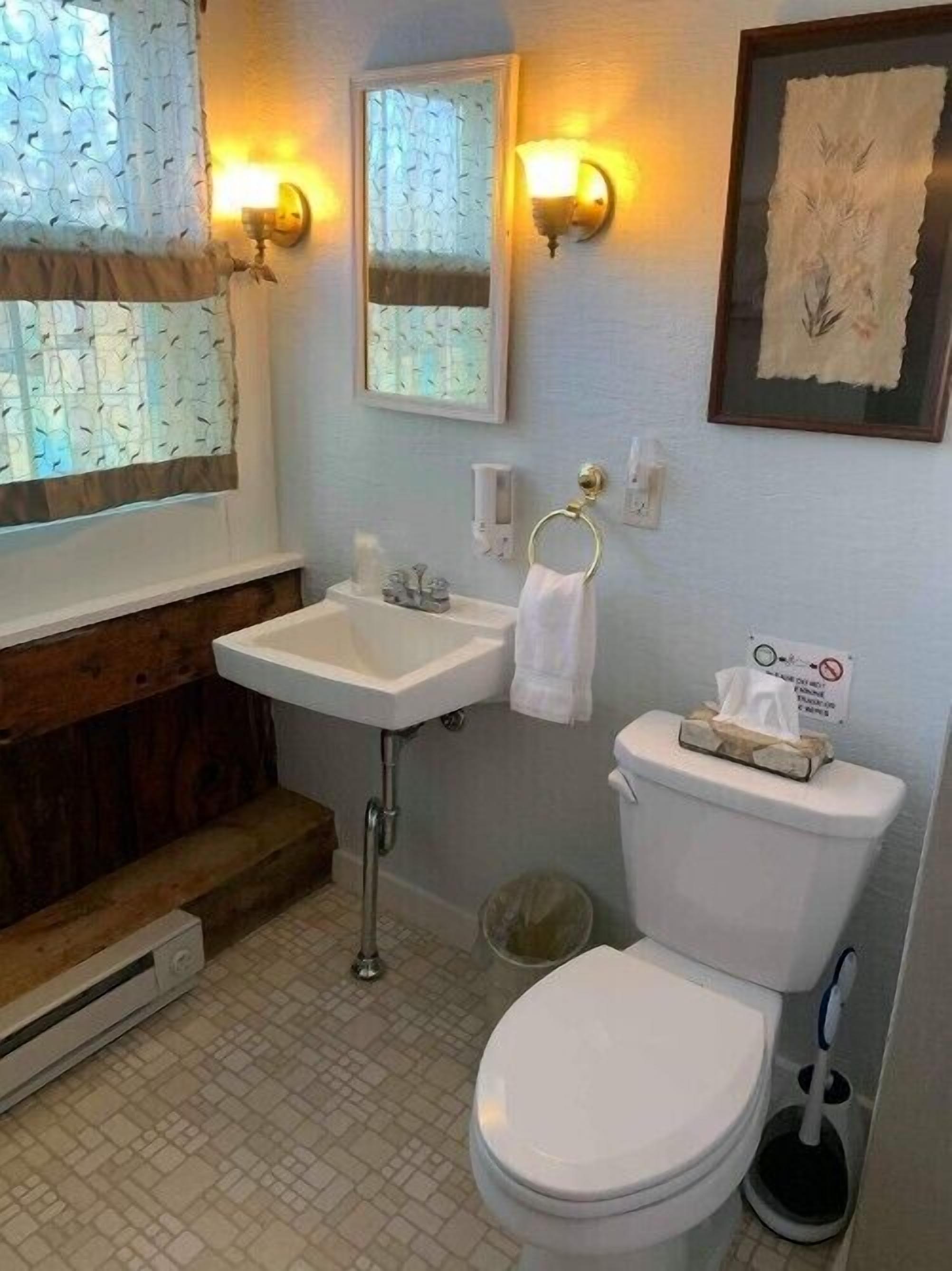 Une salle de bain avec des toilettes, un lavabo et une fenêtre avec des rideaux.