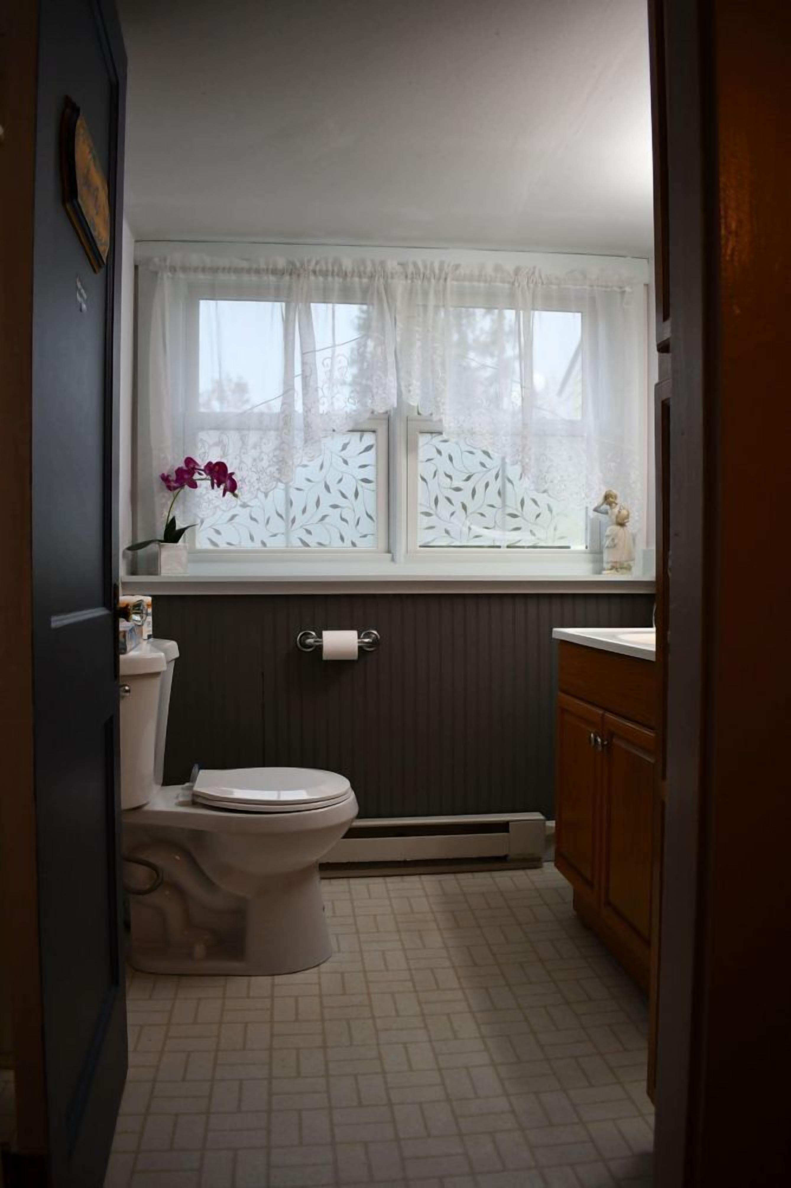 Ein Badezimmer mit Toilette, einem Fenster mit Spitzenvorhang, einem Heizkörper und einem Holzschrank.