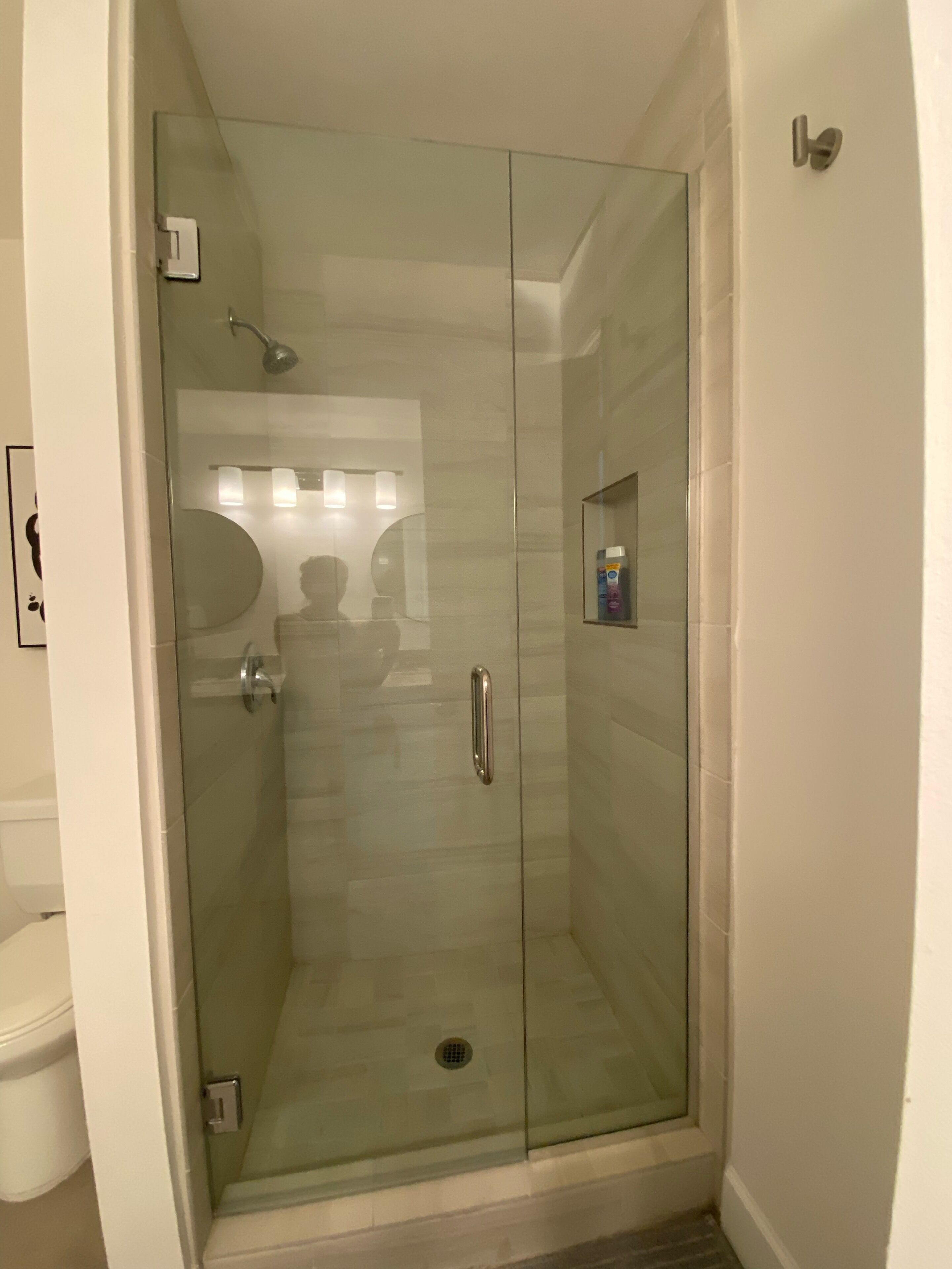 Une cabine de douche fermée par des parois en verre, dotée d’un pommeau de douche à main, des toilettes visibles sur la gauche et une petite étagère contenant des articles de toilette.