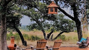 A rustic outdoor seating area with wooden chairs and a hanging lantern, surrounded by trees and a dirt ground. - Gone West Ranch cabin in Fredericksburg  (Fredericksburg)
