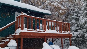 Une terrasse enneigée avec une balustrade, une maison avec un toit végétalisé et des arbres en arrière-plan.