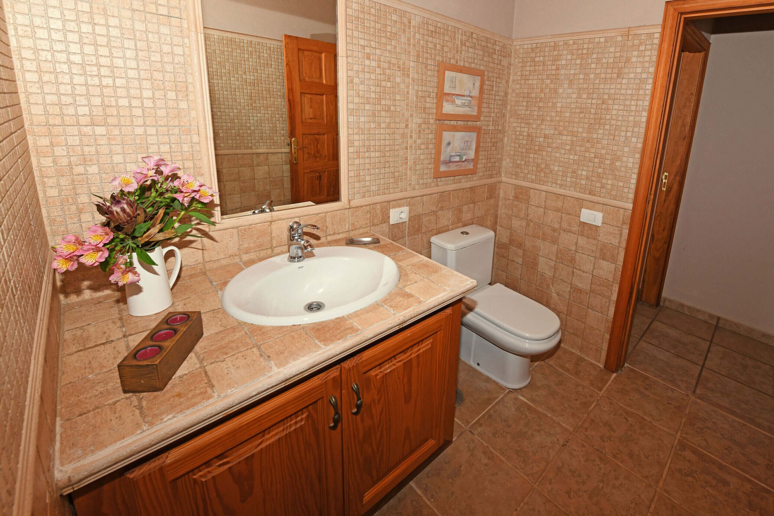 Une salle de bain avec un lavabo, des toilettes et un meuble en bois.